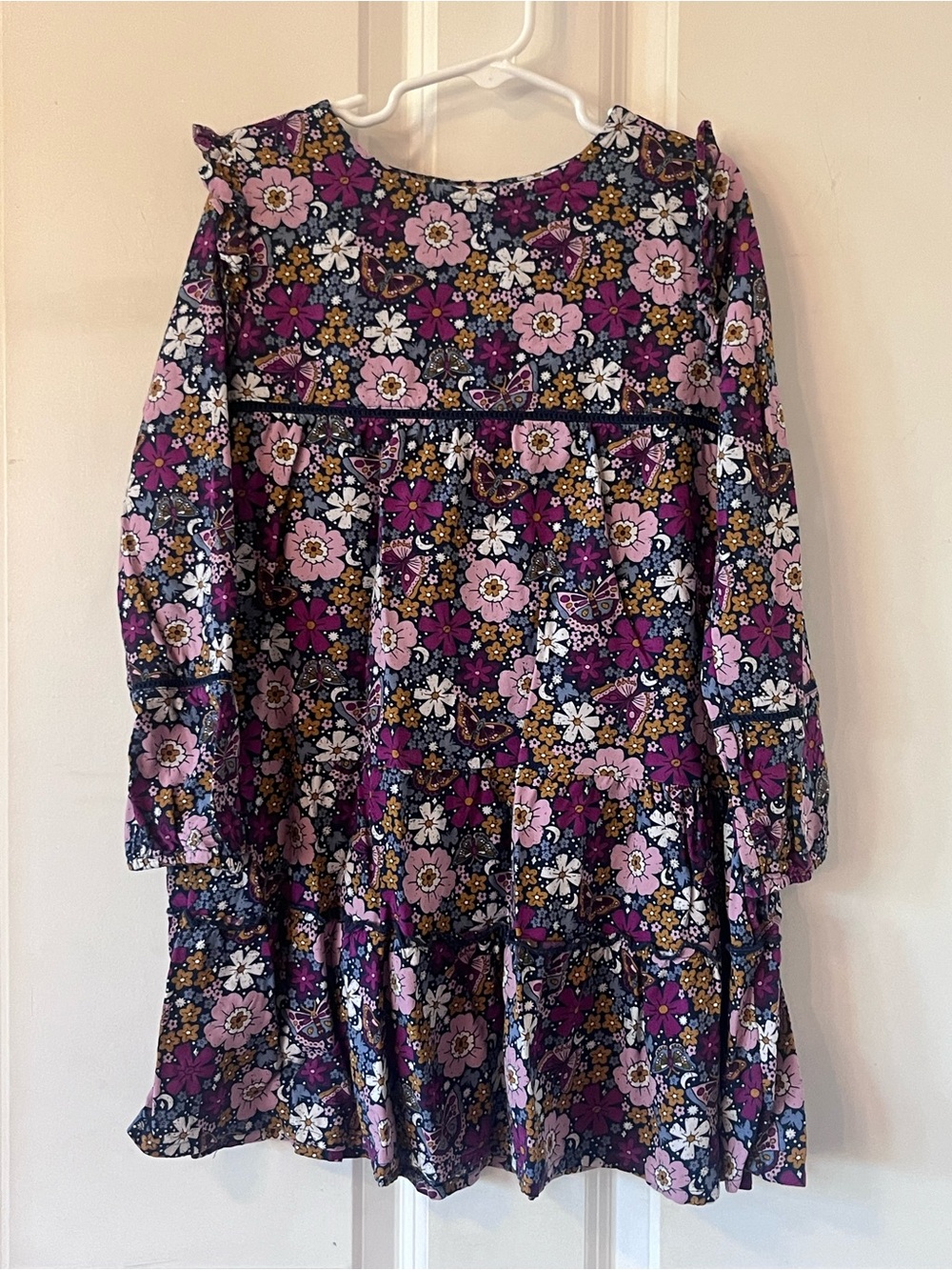Fat Face Girls' Floral Long-Sleeve Dress in Purple, Pink and White